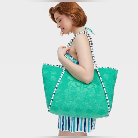 💚💙 Roller Rabbit x Target Star Geo Large Terry Beach Tote Bag Green - Picture 4 of 5